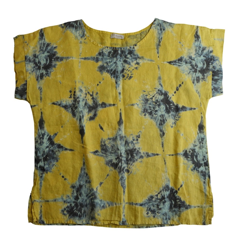 Bellambra Italian Linen Top Womens M Yellow Abstract Tie Dye Lagen Boho Coastal